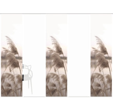 Store enrouleur décoratif avec motif de roseaux et chaise blanche