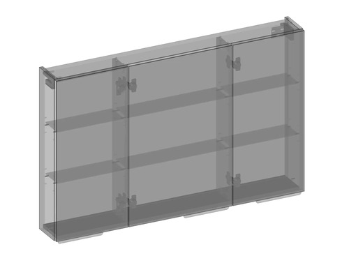 Hängender Badezimmerschrank mit drei Türen und mehreren Regalböden.