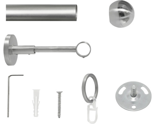 Gardinenstangenset mit Stange, Träger, Endstück, Ringe, Schrauben, Dübel und Inbusschlüssel