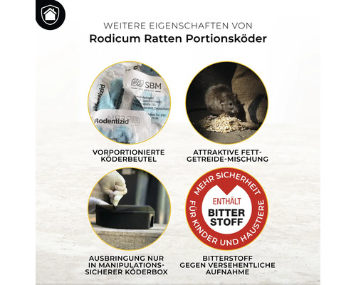 Rodicum Ratten Portionsköder mit vorportionierten Köderbeuteln, attraktiver Fett-Getreide-Mischung und Bitterstoff für mehr Sicherheit.