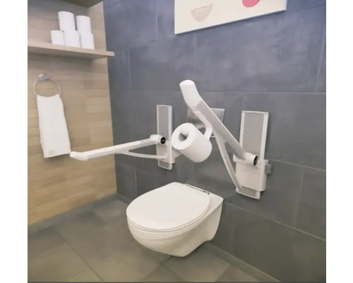 Badezimmer mit Wand-WC und klappbaren Haltegriffen für mehr Sicherheit