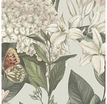Blumenmuster-Tapete mit Hortensien, Lilien und Schmetterling
