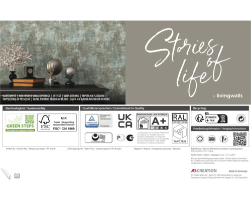 Informationen zu Vliestapeten, Nachhaltigkeitssiegeln, Qualitätssiegeln, Recyclinghinweisen und Verarbeitungshinweisen