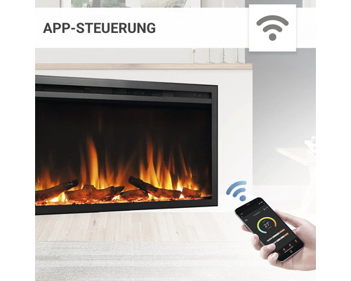 Elektrokamin mit App Steuerung und Holzscheit Imitat.