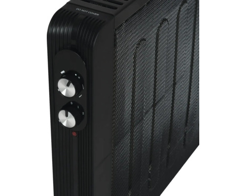 Vue détaillée d''un radiateur électrique noir avec des boutons rotatifs pour le réglage de la température.