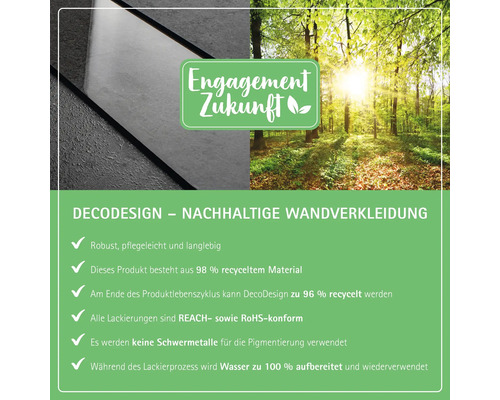 DecoDesign nachhaltige Wandverkleidung: robust, pflegeleicht, langlebig, aus recyceltem Material, REACH- und RoHS-konforme Lackierungen.