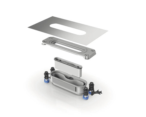 Vue éclatée d''un drain rectangulaire avec joints, vis et insert métallique