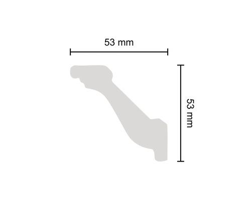 Abmessungsprofil einer Zierleiste mit einer Länge und Breite von 53 Millimetern.