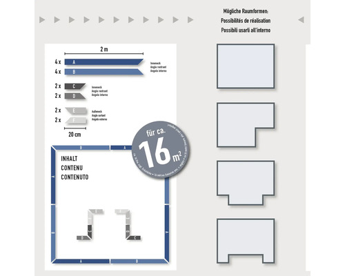 Informationen zu möglichen Raumformen und Inhalten für circa 16 Quadratmeter