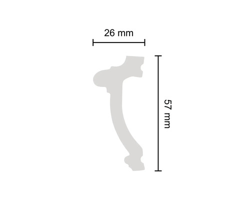 Querschnitt einer Zierleiste mit den Maßen 26 mm Breite und 57 mm Höhe