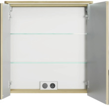 Geöffneter Spiegelschrank mit zwei Glasböden und Steckdosen