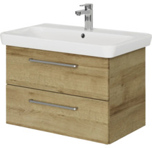 Badmöbel-Set Pelipal Sunline 105 BxHxT 80,5 x 200 x 48,5 cm Frontfarbe Eiche riviera mit Keramik-Waschtisch Waschtischunterschrank und Spiegelschrank mit LED-Beleuchtung
