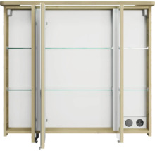 Geöffneter Spiegelschrank mit Glasböden und Steckdosen