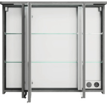 Offener Spiegelschrank mit Glasböden und Steckdosen