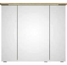 Weißer Badezimmerschrank mit drei Türen und Holzplatte