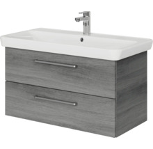 Badmöbel-Set Pelipal Sunline 105 BxHxT 96 x 200 x 48,5 cm Frontfarbe graphit struktur quer mit Keramik-Waschtisch Waschtischunterschrank und Spiegelschrank mit LED-Beleuchtung