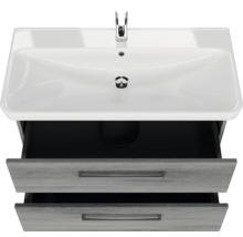 Badmöbel-Set Pelipal Sunline 105 BxHxT 96 x 200 x 48,5 cm Frontfarbe graphit struktur quer mit Keramik-Waschtisch Waschtischunterschrank und Spiegelschrank mit LED-Beleuchtung