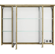 Geöffneter Spiegelschrank mit Glasböden und Steckdosen