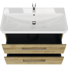 Badmöbel-Set Pelipal Sunline 105 BxHxT 96 x 200 x 48,5 cm Frontfarbe Eiche riviera mit Keramik-Waschtisch Waschtischunterschrank und Spiegelschrank mit LED-Beleuchtung