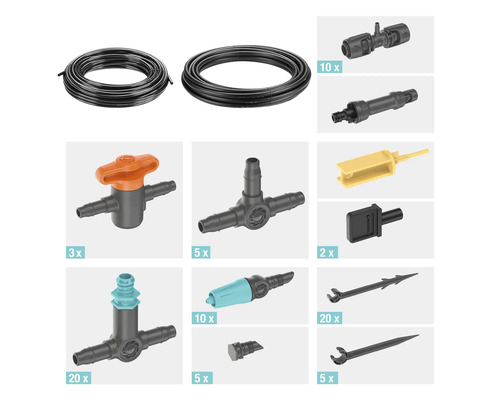 Bewässerungsset mit Schläuchen, Verbindungsstücken und Reglern für die Gartenbewässerung