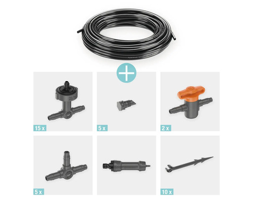 Gardena Micro-Drip-System Start-Set Pflanztöpfe M mit Tropfrohr, Regulierstopfen, Reduzierstücke, Absperrventile, T-Stücke, Verbindungsstücke und Rohrhalter