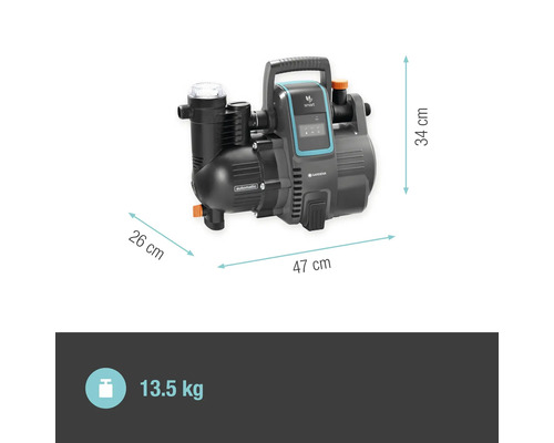 Surpresseur domestique Gardena avec des dimensions de 26 cm x 47 cm x 34 cm et un poids de 13,5 kg