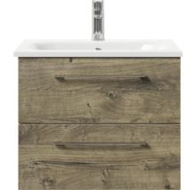 Badmöbel-Set Pelipal Sunline 121 BxHxT 61 x 200 x 46 cm Frontfarbe Eiche ribbeck mit Mineralguss-Waschtisch Waschtischunterschrank und Spiegelschrank mit LED-Beleuchtung