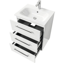 Badmöbel-Set Pelipal Sunline 121 BxHxT 61 x 200 x 46 cm Frontfarbe weiß hochglanz mit Mineralguss-Waschtisch Waschtischunterschrank 3 Schubkästen und Spiegelschrank mit LED-Beleuchtung