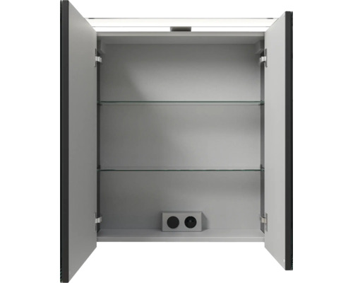 Armoire de toilette ouverte avec deux étagères en verre et prises