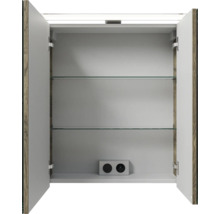 Offener Spiegelschrank mit zwei Glasablagen und Steckdose