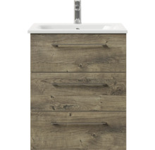 Badmöbel-Set Pelipal Sunline 121 BxHxT 61 x 200 x 46 cm Frontfarbe Eiche ribbeck mit Mineralguss-Waschtisch Waschtischunterschrank 3 Schubkästen und Spiegelschrank mit LED-Beleuchtung