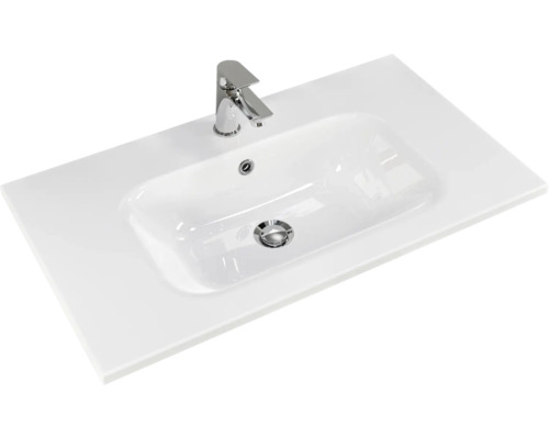 Waschtisch mit Armatur und rechteckiger Beckenform