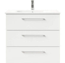 Badmöbel-Set Pelipal Sunline 121 BxHxT 81 x 200 x 46 cm Frontfarbe weiß hochglanz mit Mineralguss-Waschtisch Waschtischunterschrank 3 Schubkästen und Spiegelschrank mit LED-Beleuchtung