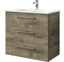 Badmöbel-Set Pelipal Sunline 121 BxHxT 81 x 200 x 46 cm Frontfarbe Eiche ribbeck mit Mineralguss-Waschtisch Waschtischunterschrank 3 Schubkästen und Spiegelschrank mit LED-Beleuchtung
