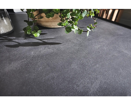 Nahaufnahme einer grauen Arbeitsplatte mit Topfpflanze