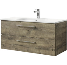 Badmöbel-Set Pelipal Sunline 121 BxHxT 110 x 200 x 46 cm Frontfarbe Eiche ribbeck mit Mineralguss-Waschtisch Waschtischunterschrank und Spiegelschrank mit LED-Beleuchtung