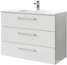 Badmöbel-Set Pelipal Sunline 121 BxHxT 110 x 200 x 46 cm Frontfarbe weiß hochglanz mit Mineralguss-Waschtisch Waschtischunterschrank 3 Schubkästen und Spiegelschrank mit LED-Beleuchtung