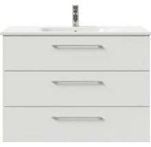 Badmöbel-Set Pelipal Sunline 121 BxHxT 110 x 200 x 46 cm Frontfarbe weiß hochglanz mit Mineralguss-Waschtisch Waschtischunterschrank 3 Schubkästen und Spiegelschrank mit LED-Beleuchtung
