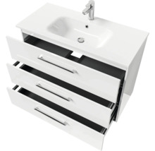 Badmöbel-Set Pelipal Sunline 121 BxHxT 110 x 200 x 46 cm Frontfarbe weiß hochglanz mit Mineralguss-Waschtisch Waschtischunterschrank 3 Schubkästen und Spiegelschrank mit LED-Beleuchtung