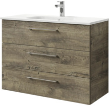 Badmöbel-Set Pelipal Sunline 121 BxHxT 110 x 200 x 46 cm Frontfarbe Eiche ribbeck mit Mineralguss-Waschtisch Waschtischunterschrank 3 Schubkästen und Spiegelschrank mit LED-Beleuchtung