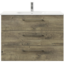 Badmöbel-Set Pelipal Sunline 121 BxHxT 110 x 200 x 46 cm Frontfarbe Eiche ribbeck mit Mineralguss-Waschtisch Waschtischunterschrank 3 Schubkästen und Spiegelschrank mit LED-Beleuchtung