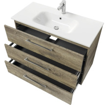 Badmöbel-Set Pelipal Sunline 121 BxHxT 110 x 200 x 46 cm Frontfarbe Eiche ribbeck mit Mineralguss-Waschtisch Waschtischunterschrank 3 Schubkästen und Spiegelschrank mit LED-Beleuchtung