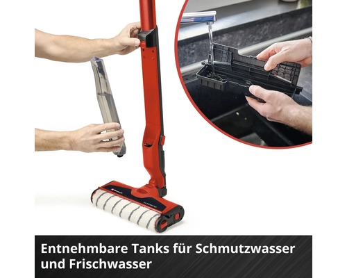 Einhell Akku-Nass Trockensauger mit entnehmbaren Schmutzwasser- und Frischwassertanks in Verwendung.