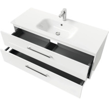 Badmöbel-Set Pelipal Sunline 121 BxHxT 121 x 200 x 46 cm Frontfarbe weiß hochglanz mit Mineralguss-Waschtisch Waschtischunterschrank und Spiegelschrank mit LED-Beleuchtung