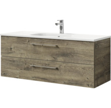 Badmöbel-Set Pelipal Sunline 121 BxHxT 121 x 200 x 46 cm Frontfarbe Eiche ribbeck mit Mineralguss-Waschtisch Waschtischunterschrank und Spiegelschrank mit LED-Beleuchtung