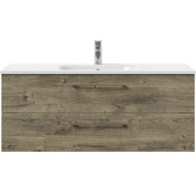 Badmöbel-Set Pelipal Sunline 121 BxHxT 121 x 200 x 46 cm Frontfarbe Eiche ribbeck mit Mineralguss-Waschtisch Waschtischunterschrank und Spiegelschrank mit LED-Beleuchtung