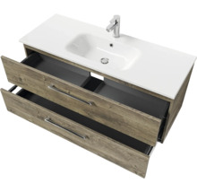 Badmöbel-Set Pelipal Sunline 121 BxHxT 121 x 200 x 46 cm Frontfarbe Eiche ribbeck mit Mineralguss-Waschtisch Waschtischunterschrank und Spiegelschrank mit LED-Beleuchtung