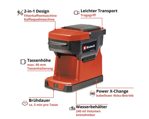 Einhell Logo. 2-in-1 Filterkaffeemaschine und Kaffeepadmaschine mit Tragegriff, Tassenhalterung, kabellosem Akkubetrieb und Wasserbehälter.