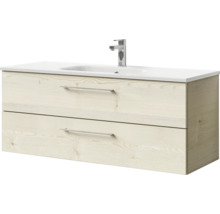 Badmöbel-Set Pelipal Sunline 121 BxHxT 121 x 200 x 46 cm Frontfarbe Polar Pinie mit Mineralguss-Waschtisch Waschtischunterschrank und Spiegelschrank mit LED-Beleuchtung