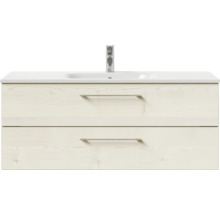 Badmöbel-Set Pelipal Sunline 121 BxHxT 121 x 200 x 46 cm Frontfarbe Polar Pinie mit Mineralguss-Waschtisch Waschtischunterschrank und Spiegelschrank mit LED-Beleuchtung